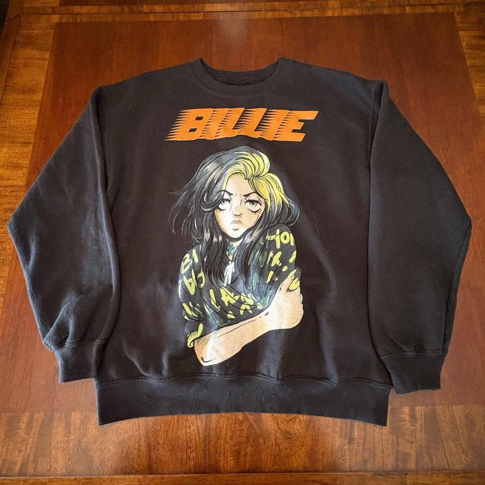 Billie Eilish Crewneck Sweatshirt Black Graphic Pullover‎ L